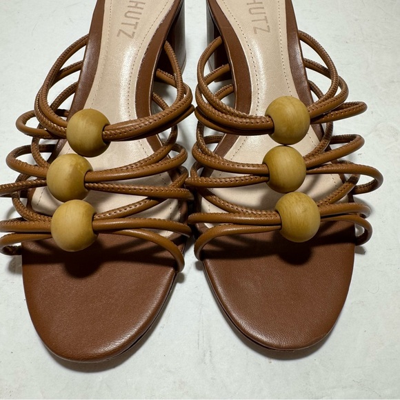 SCHUTZ Roanna Strappy Wood-Bead Brown Slide Block Heel Sandals Size 7.5 - Picture 6 of 14